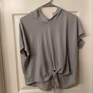 Green/grey lululemon shirt with hood and tie.